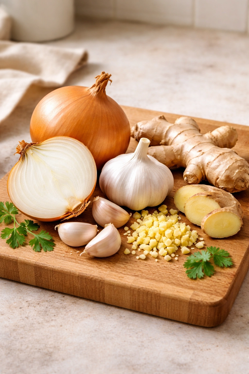 Onion, garlic, and fresh ginger arranged on a cutting board