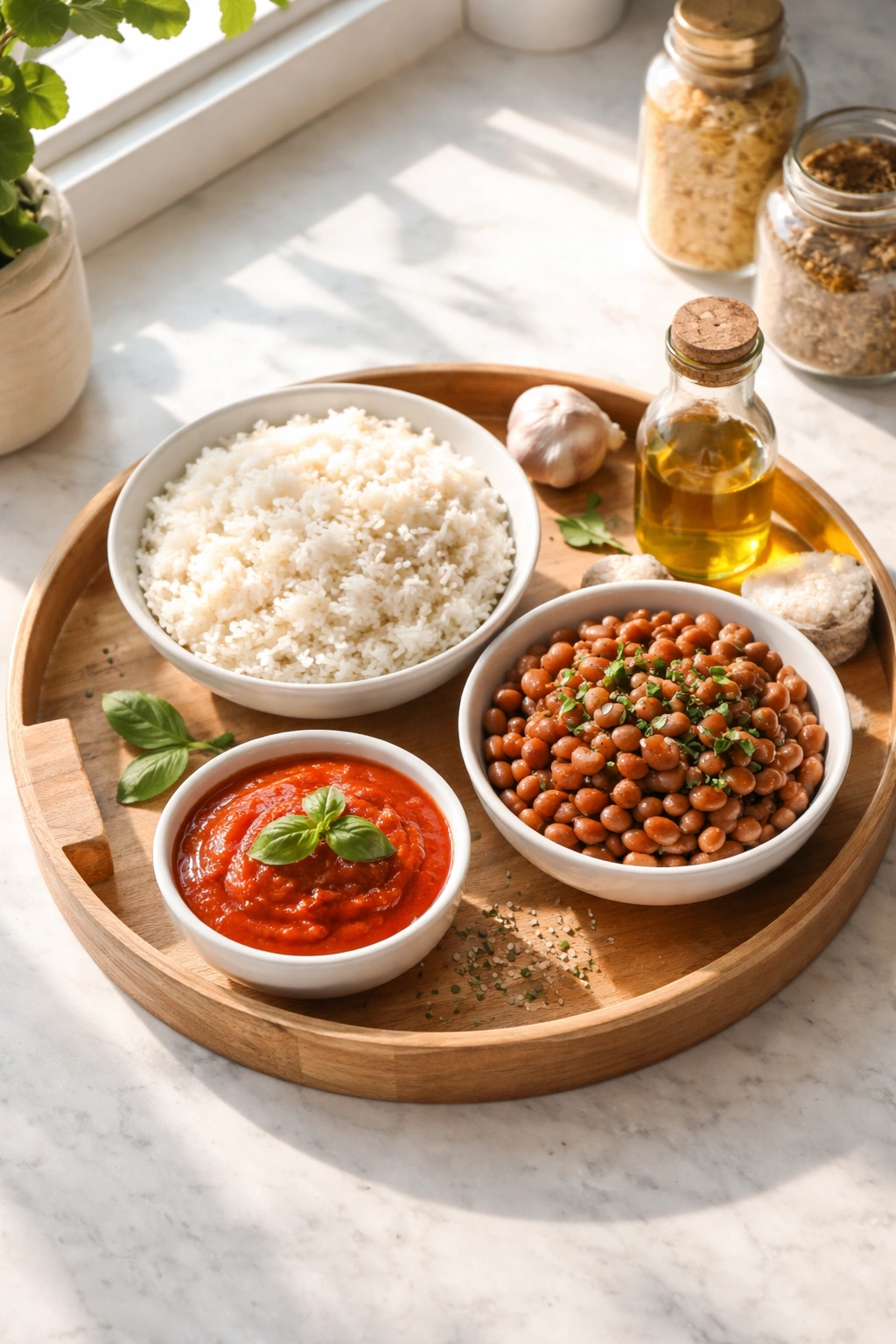 Bright kitchen scene with staple foods like rice, beans, and tomato sauce