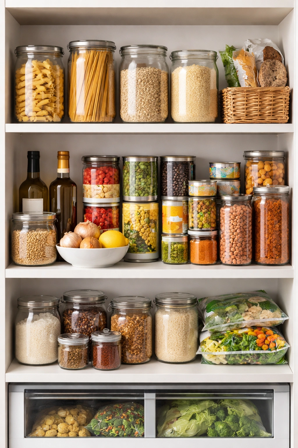 Label-free pantry shelf with neatly arranged staple foods