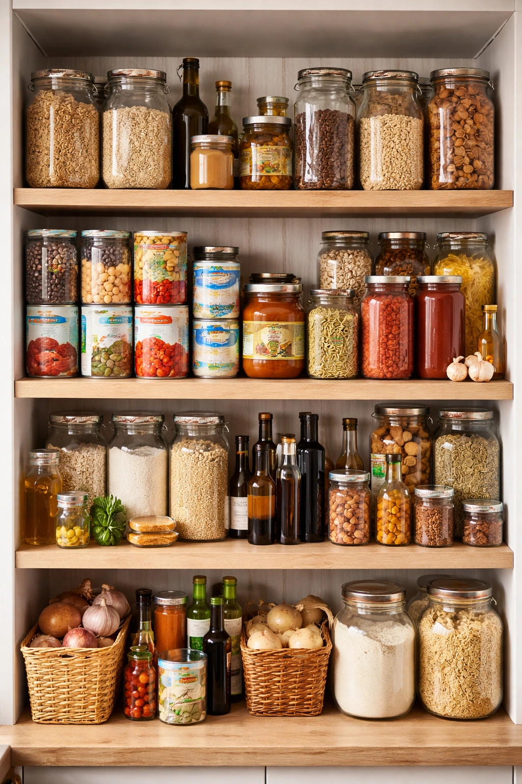Organized pantry shelf with canned beans, grains, and spices