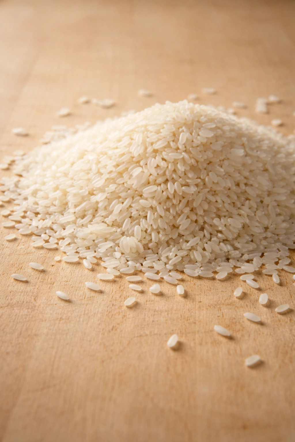 Close-up of uncooked white rice grains on wood surface