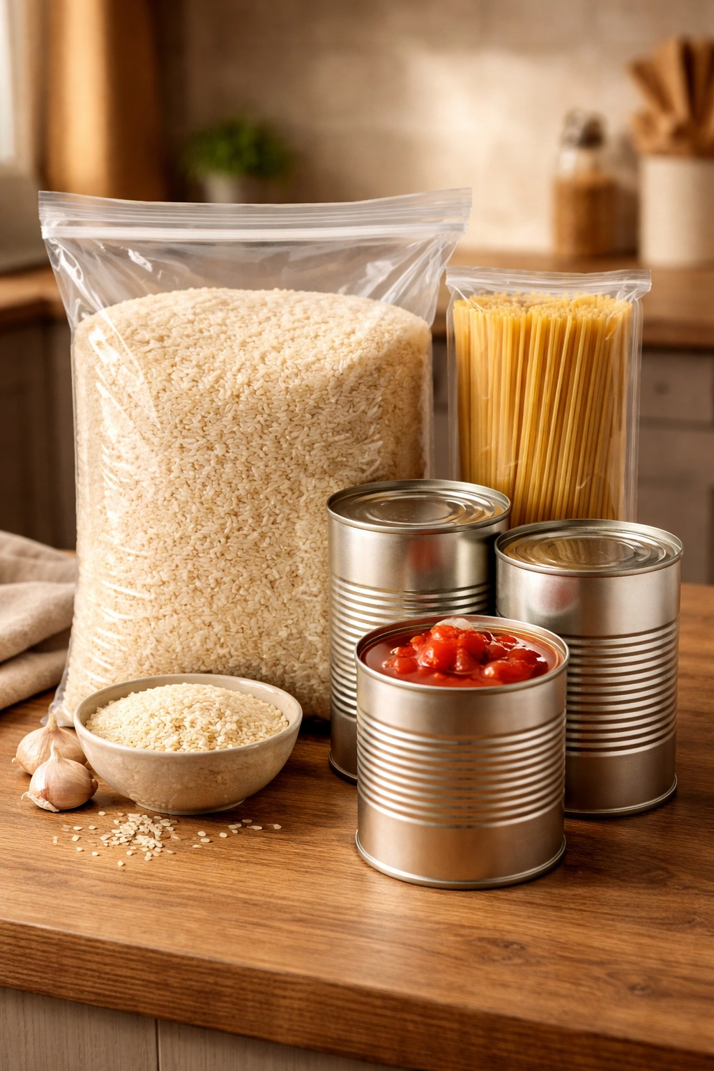 Unlabeled rice bag, plain pasta, and tomato cans arranged as pantry staples