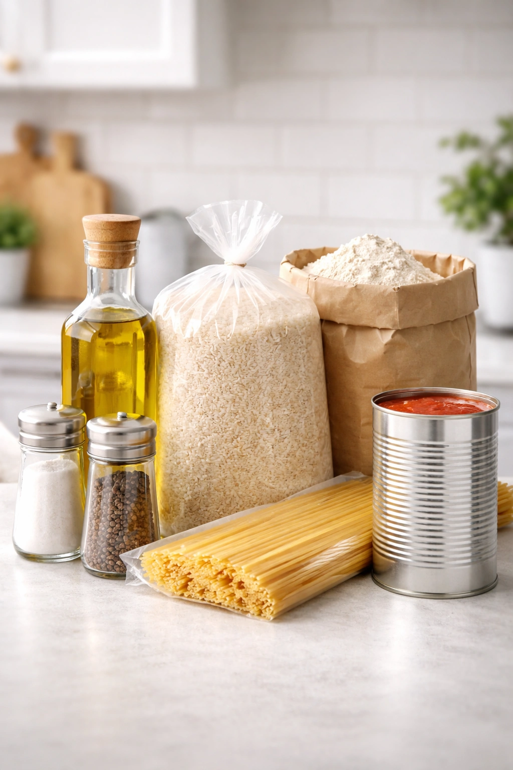 Pantry staples including oil, rice, pasta, flour and tomato sauce arranged on a counter