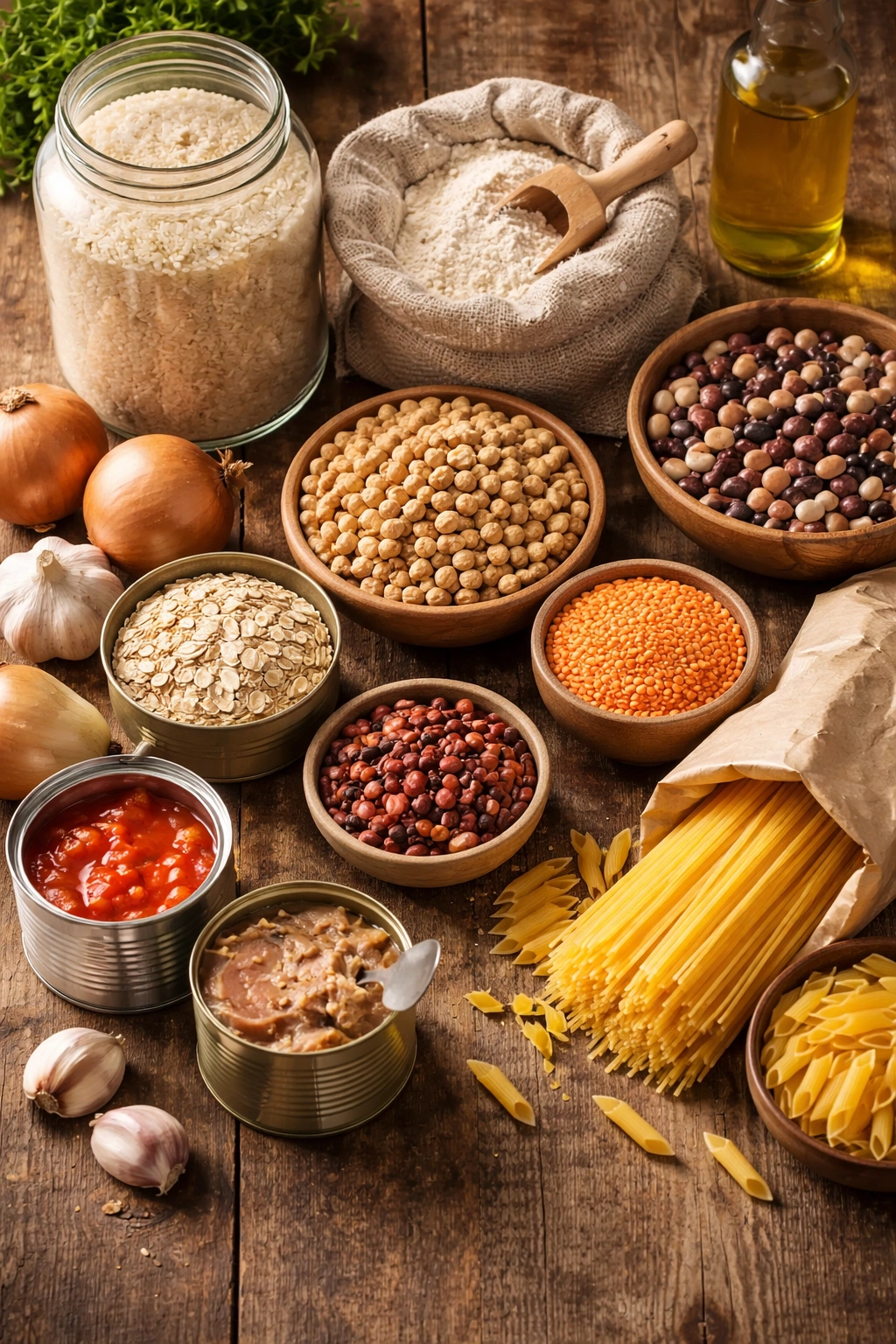 Top-down view of rice, pasta, beans, and flour arranged on a wooden surface