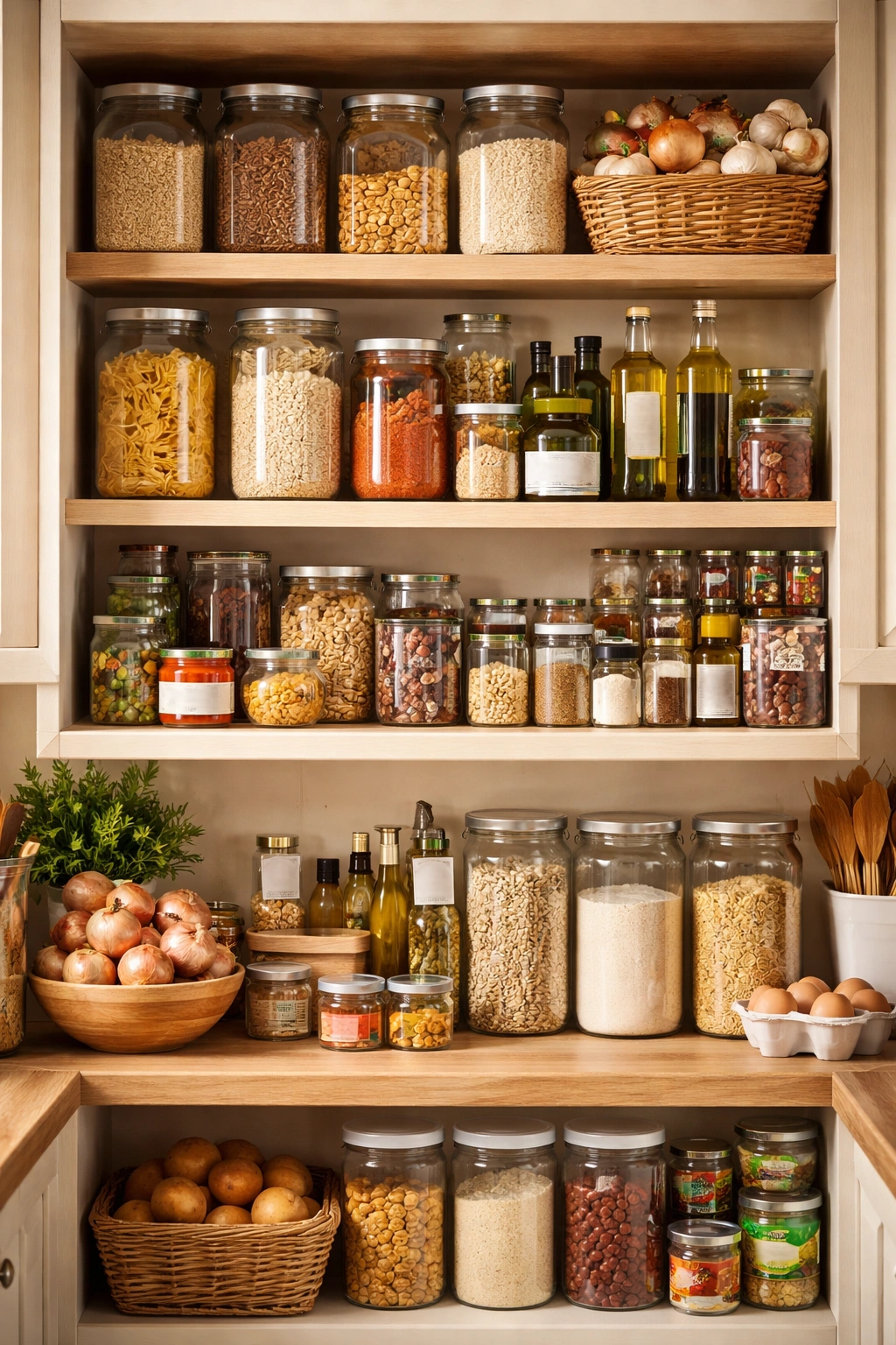 Open pantry shelves with unlabeled containers of staples