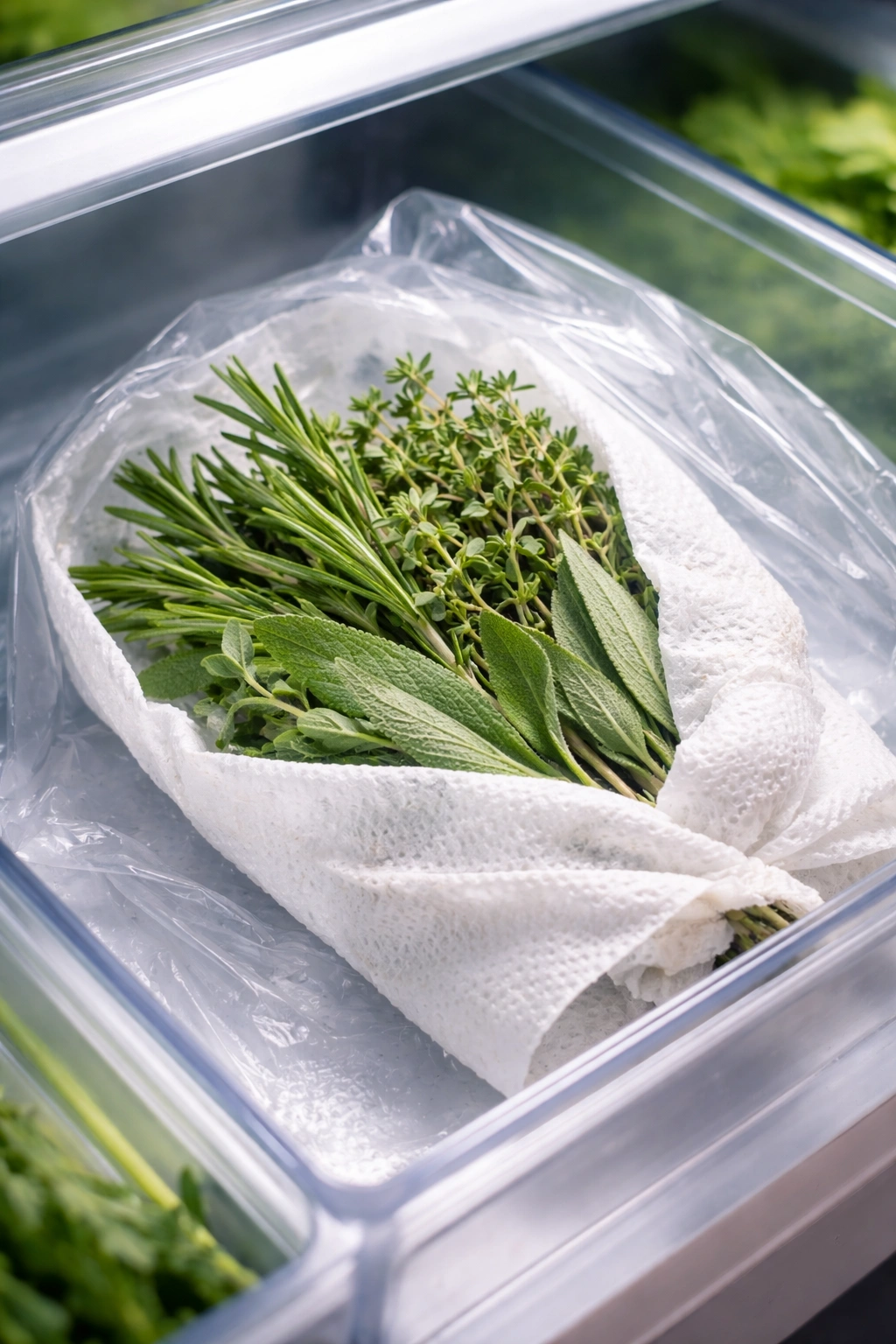 Herbs wrapped in a damp paper towel inside a plastic bag in the fridge.