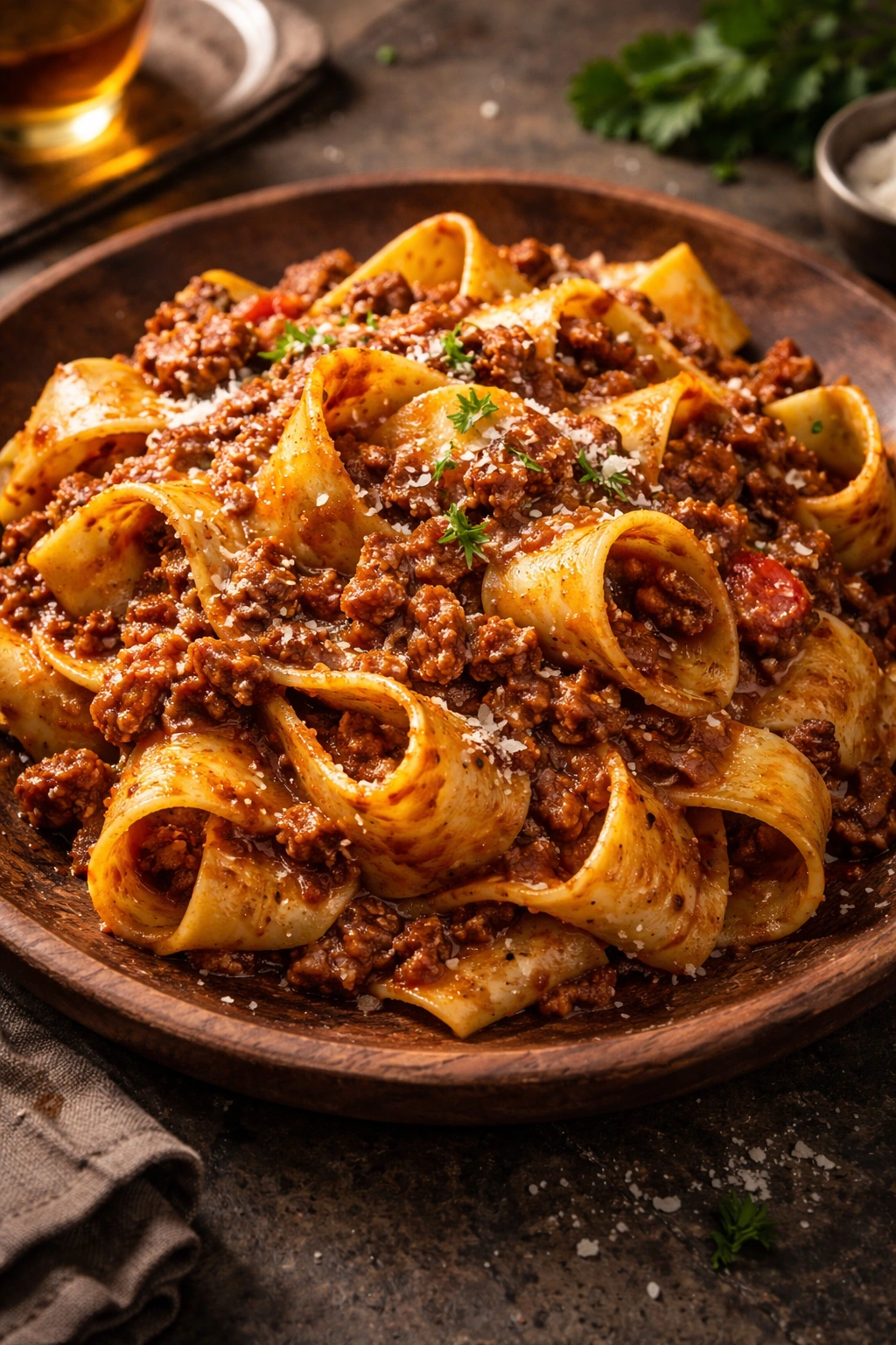 Close-up of Pappardelle al Ragù with wide ribbons and rich ragù on a rustic plate