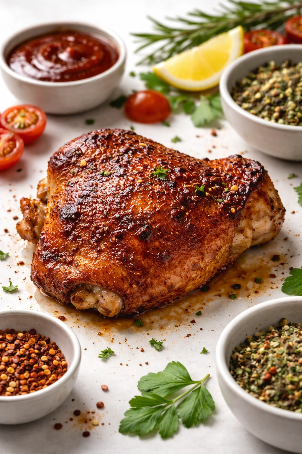 Crispy chicken thigh with smoky paprika rub and glossy finish