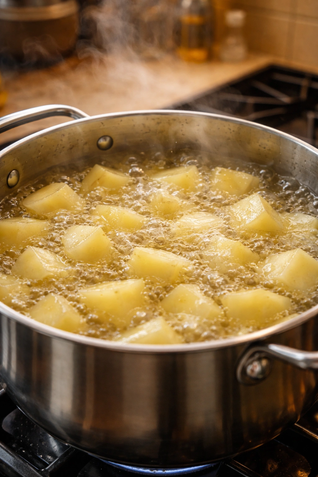 Par-boiled potato pieces in a boiling pot with steam