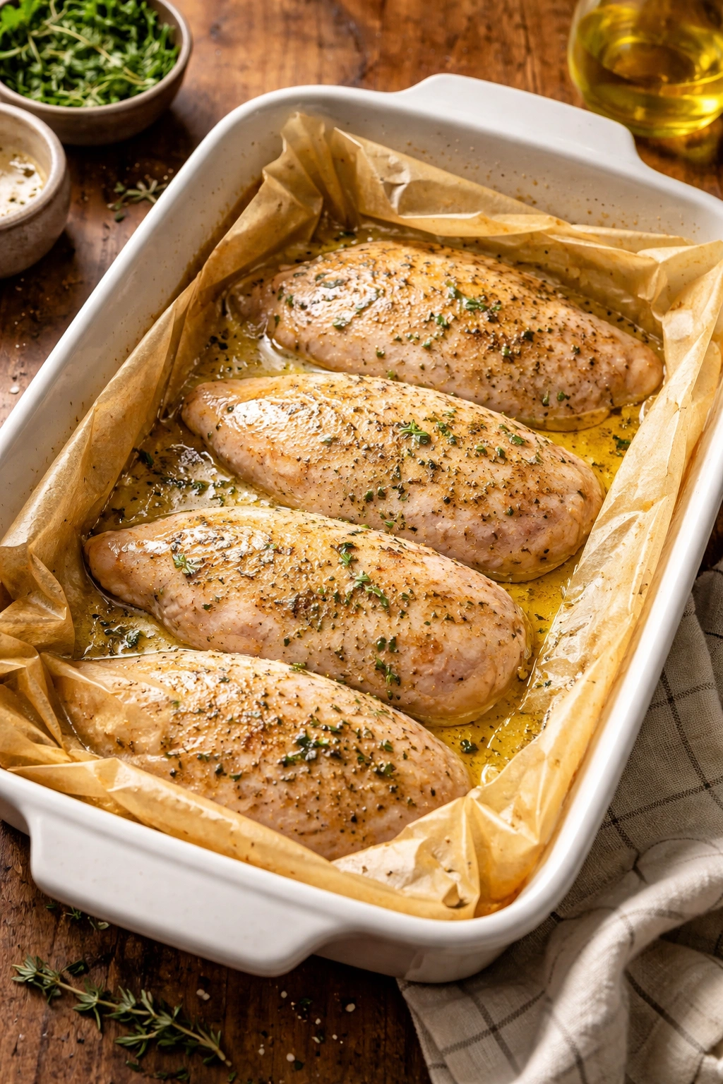 Chicken breasts covered with oiled parchment for moist baking
