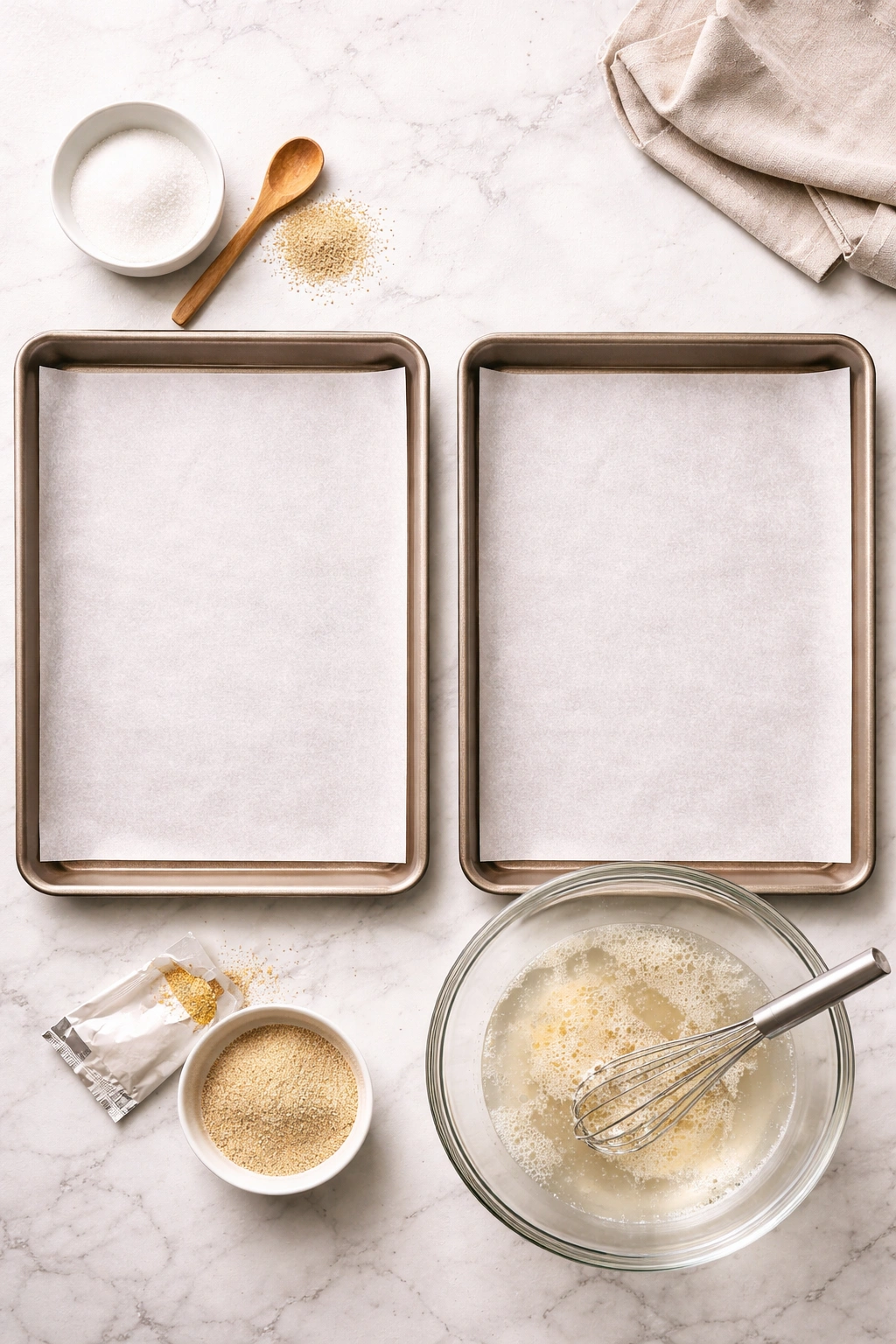 Two parchment-lined baking sheets on a clean counter