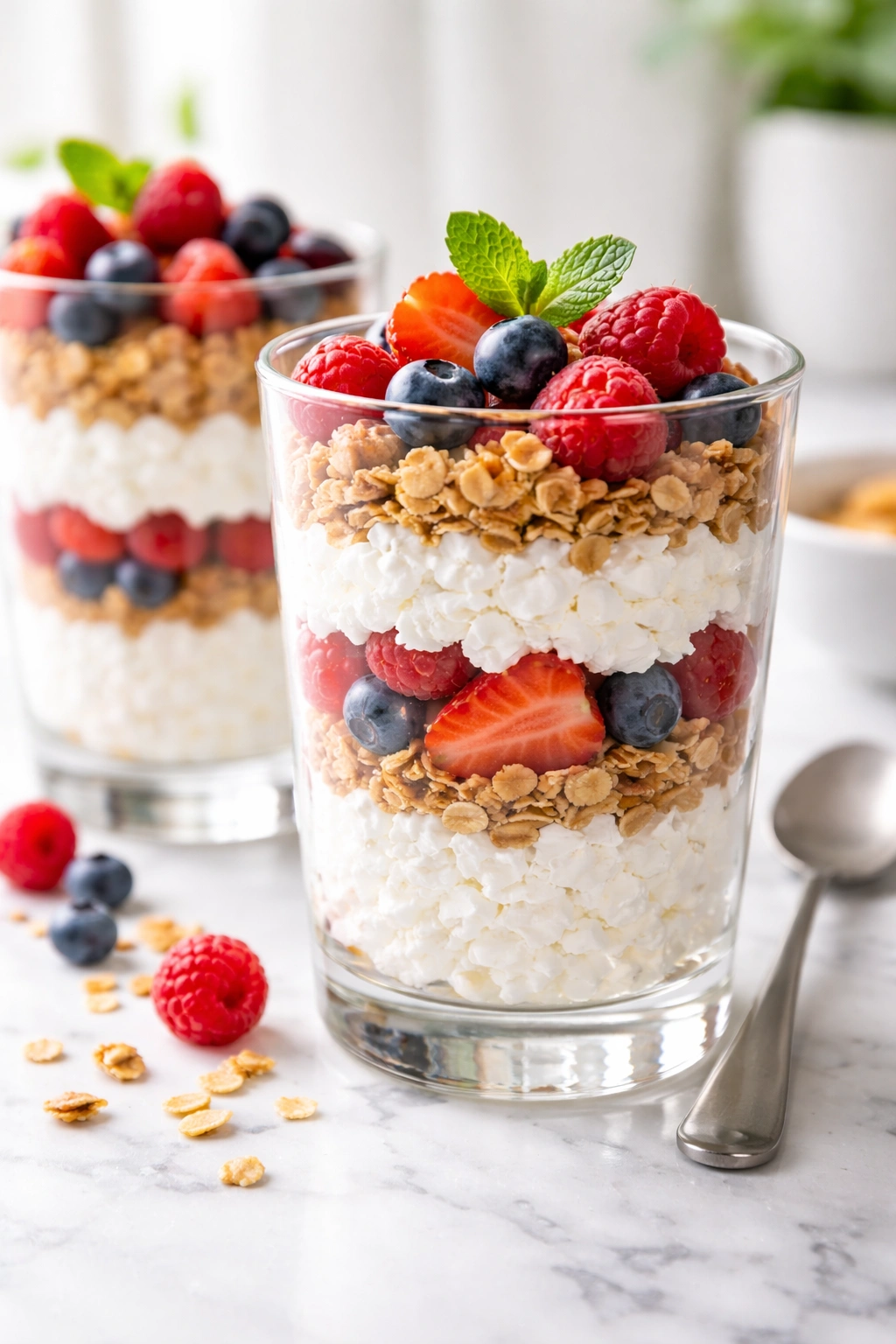 Layered cottage cheese parfait in a clear glass with berries and granola