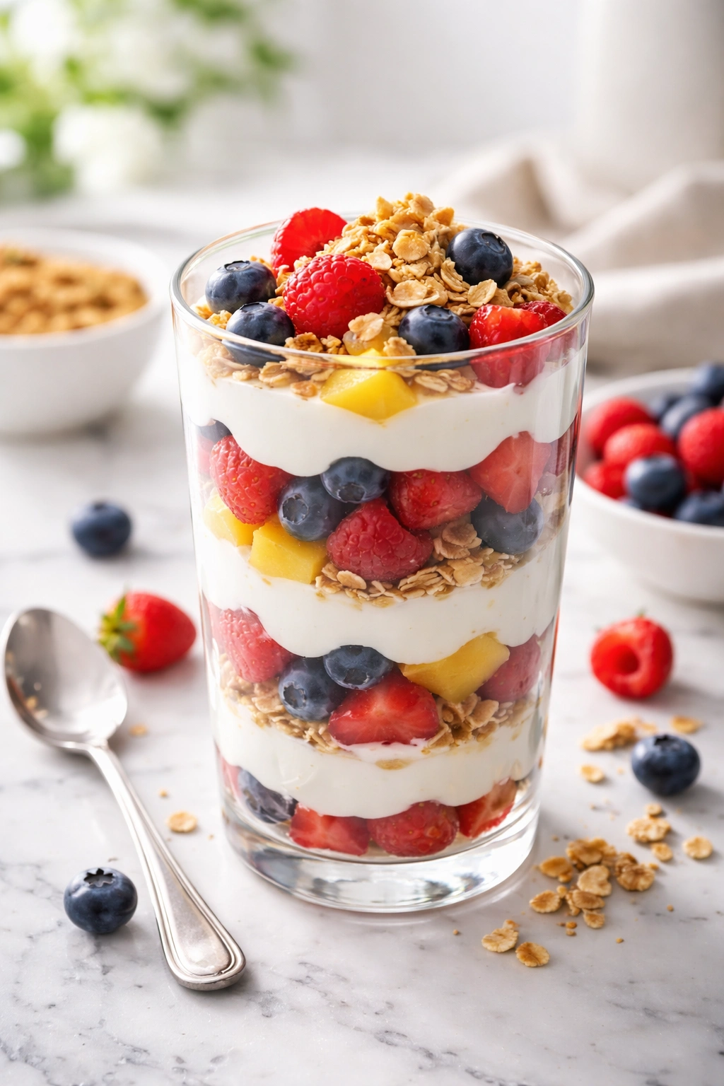 Fruit and yogurt parfait with colorful layers in a glass.
