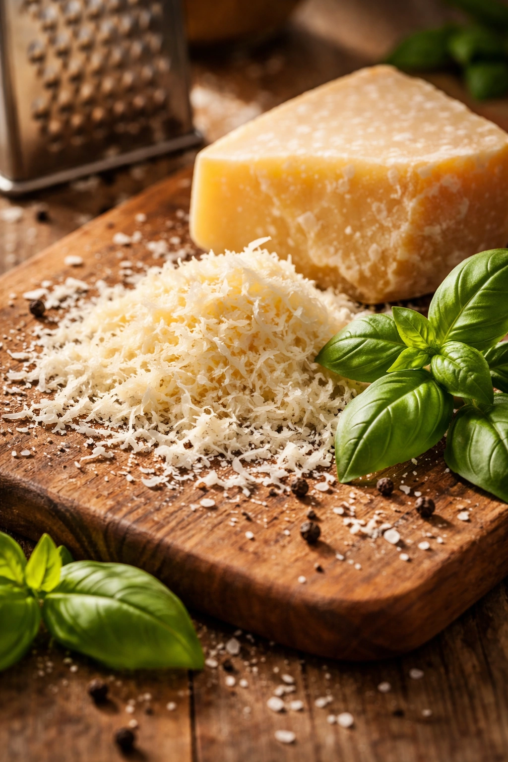 Parmesan cheese grated with fresh basil on a wooden board