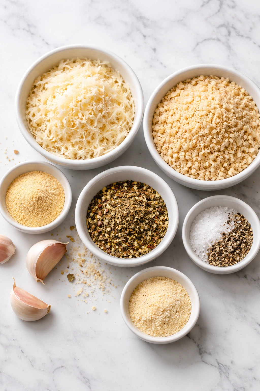 Bowls with Parmesan, breadcrumbs and spices for coating
