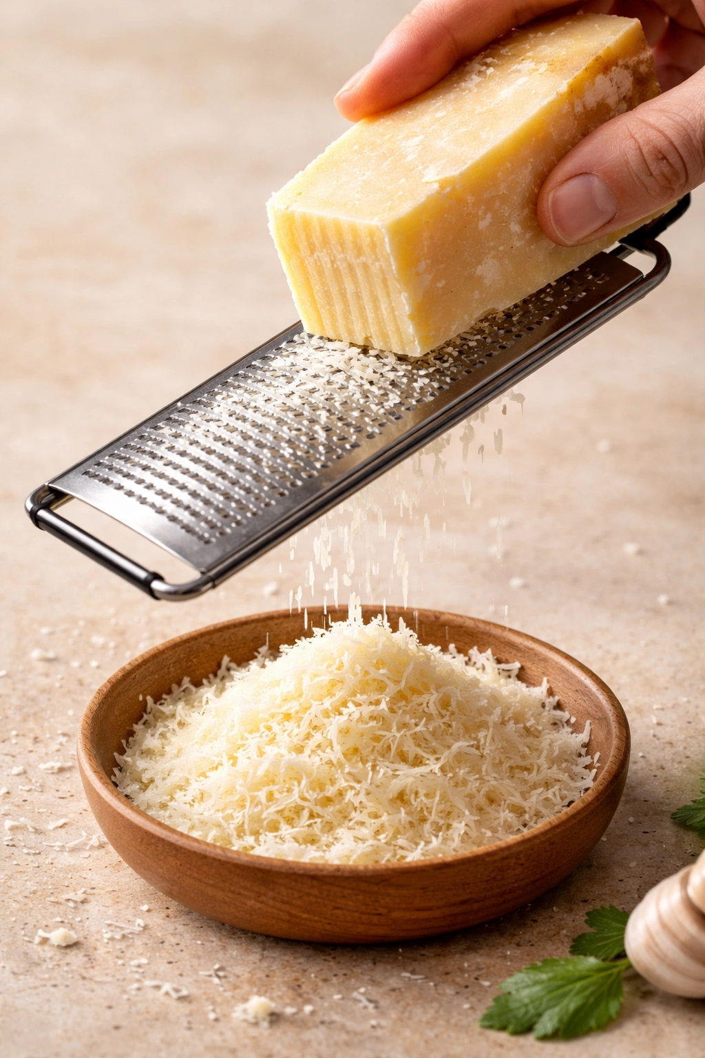 Close-up of fresh parmesan being grated with a microplane