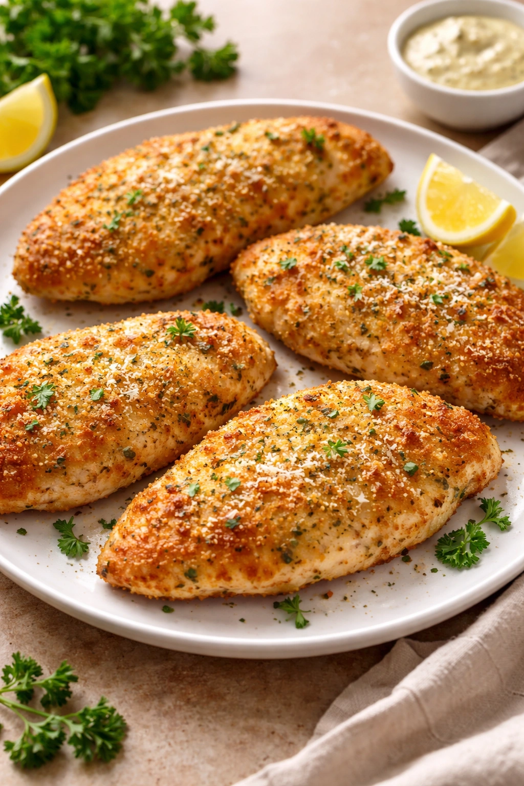 Plate of four Parmesan crusted chicken cutlets with golden crust