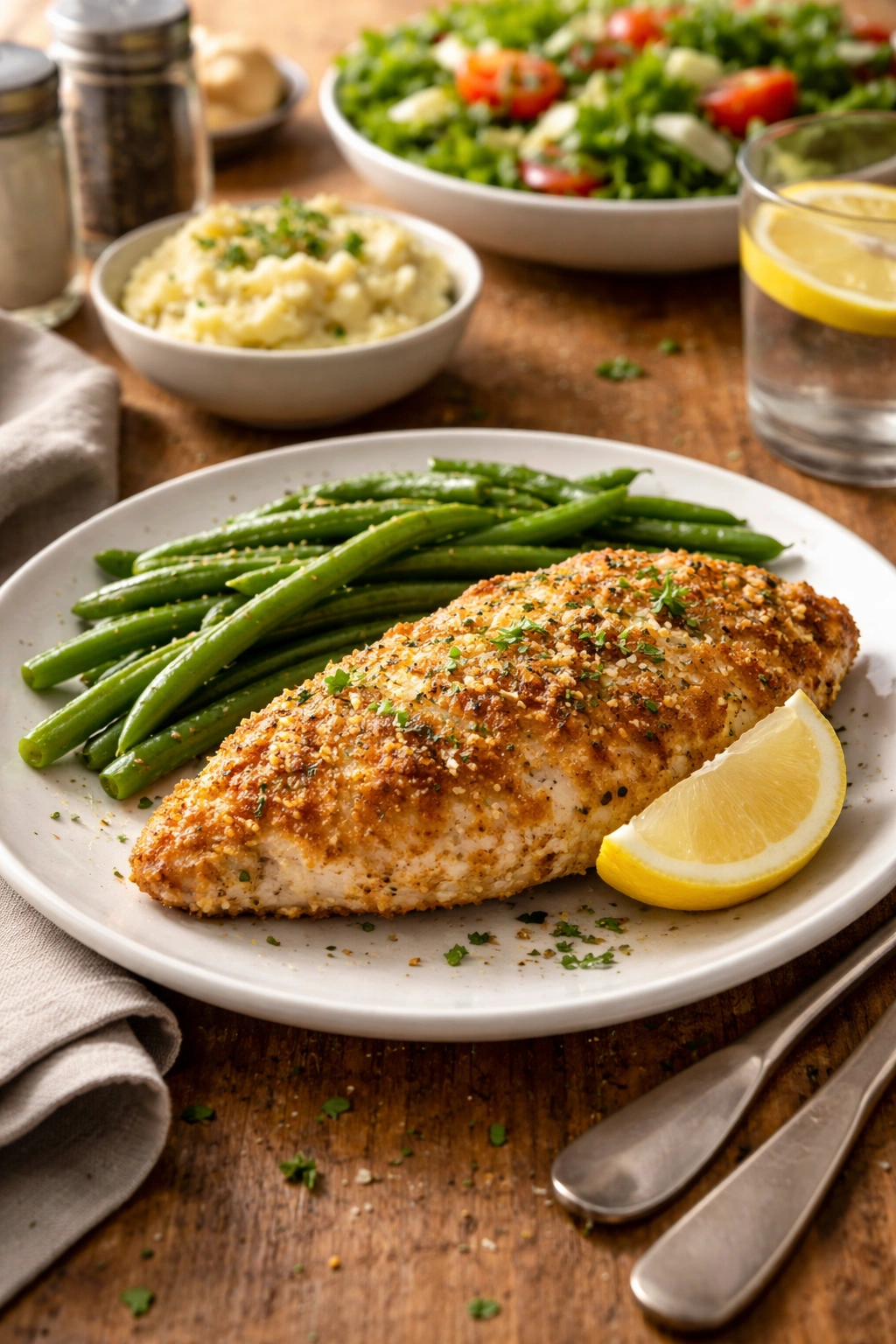 Crispy parmesan chicken plated with green beans and lemon wedge