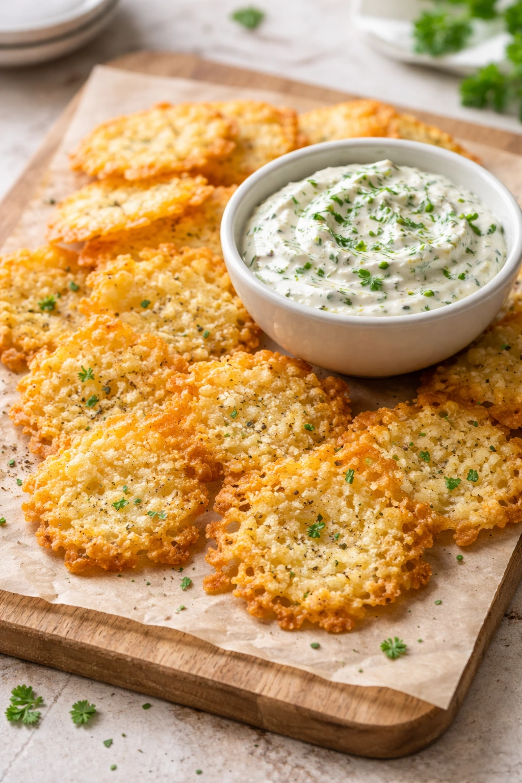 Close-up of golden parmesan chips with herb dip on parchment