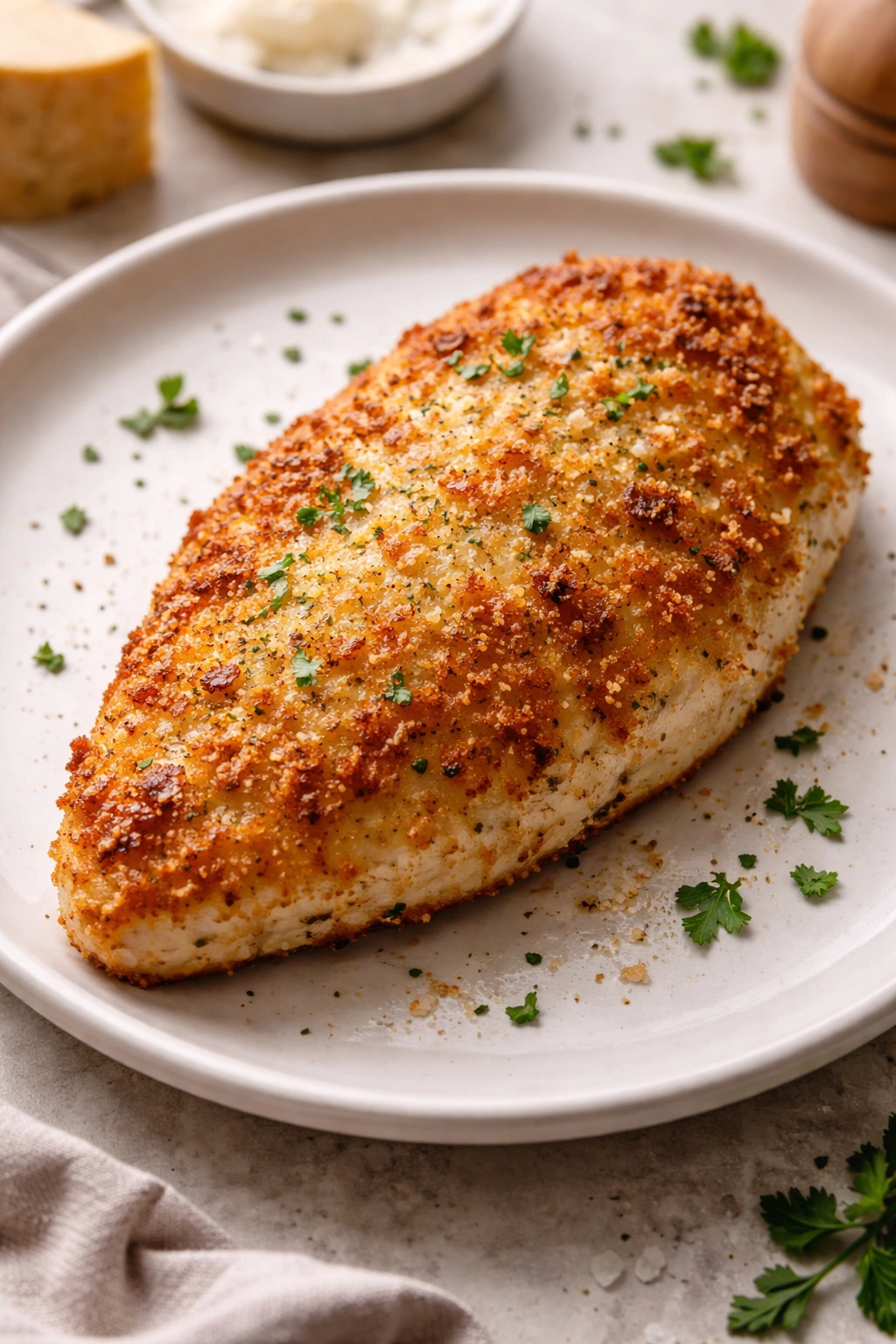 Close-up of a single Parmesan crusted chicken cutlet with golden crust