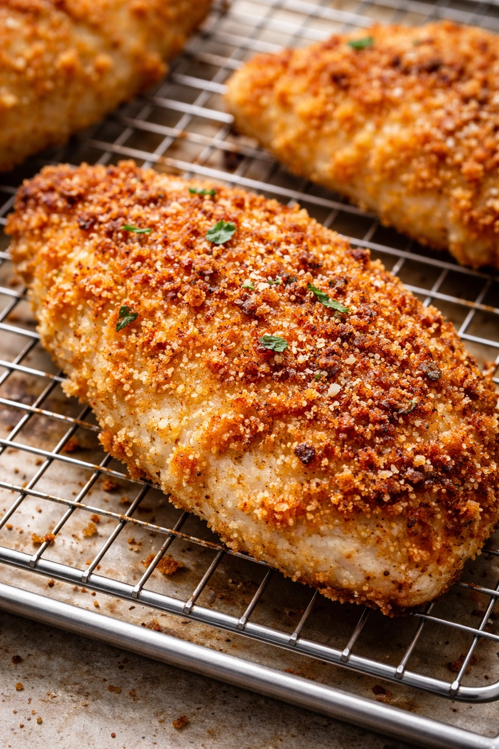 Macro close-up of crispy Parmesan crust on chicken