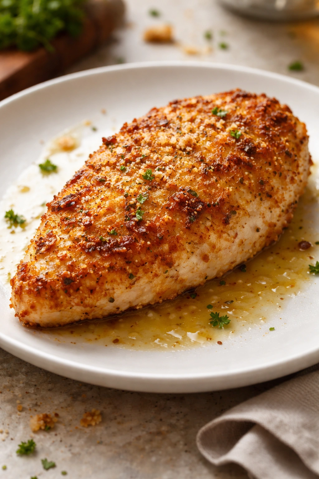Close-up of a single crispy parmesan crusted chicken on a plate with warm lighting