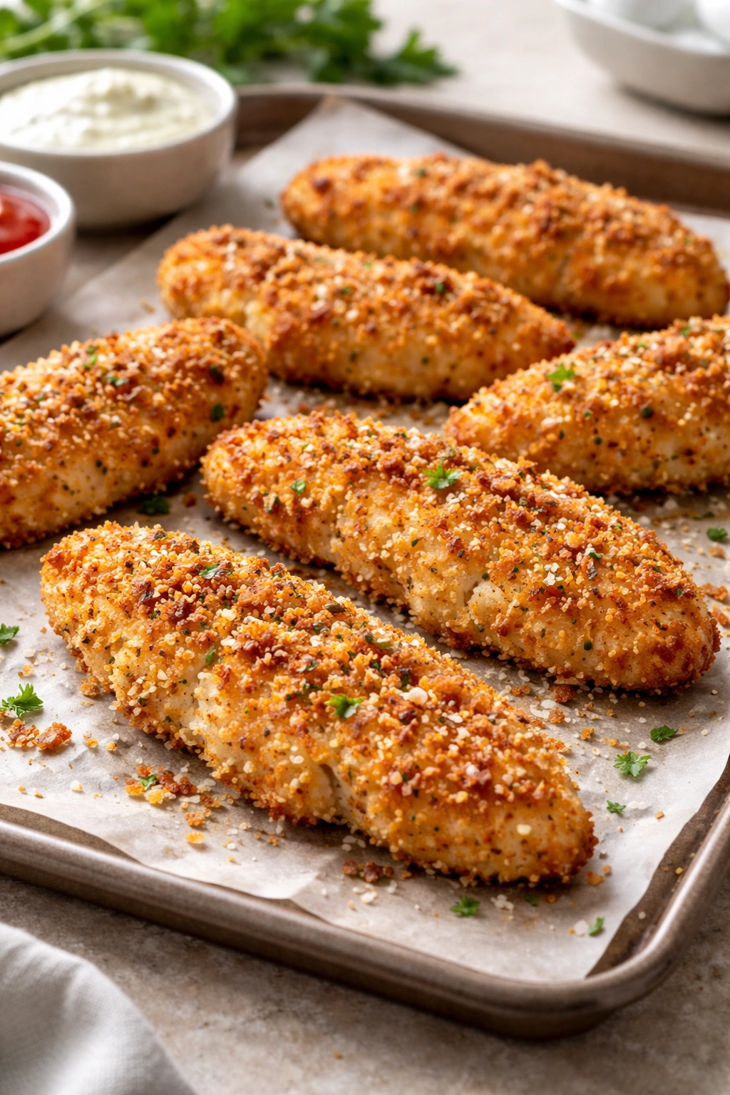 Crispy parmesan crusted chicken tenders with golden crust