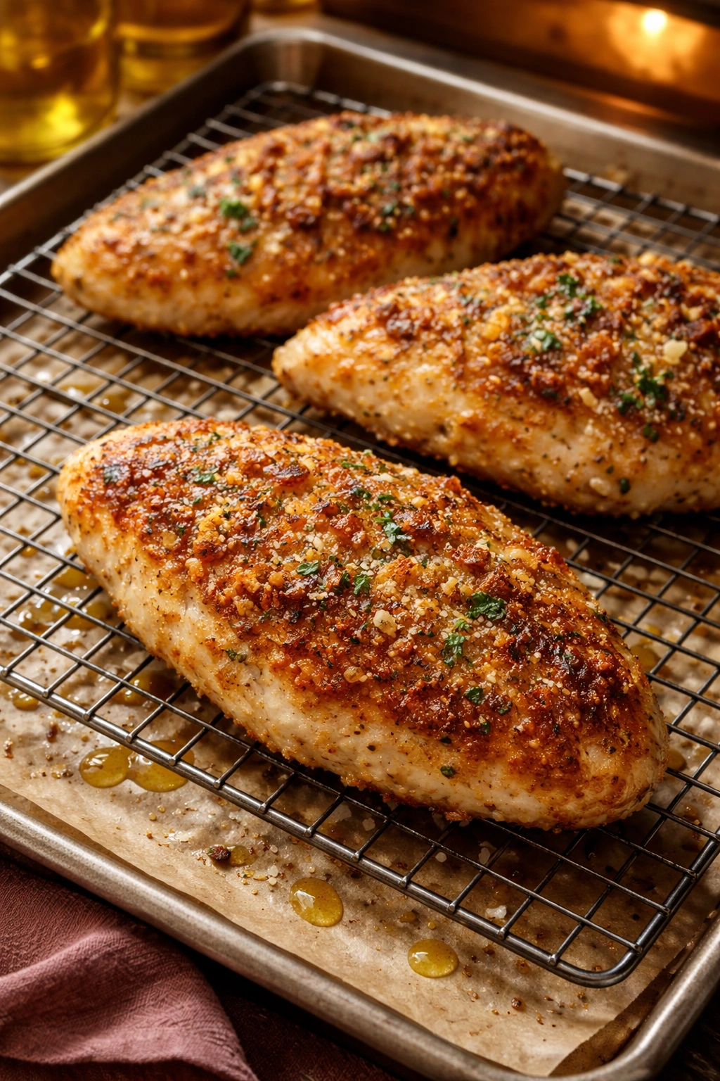 Close-up of crispy parmesan crusted chicken on a wire rack with melted butter in a warm kitchen