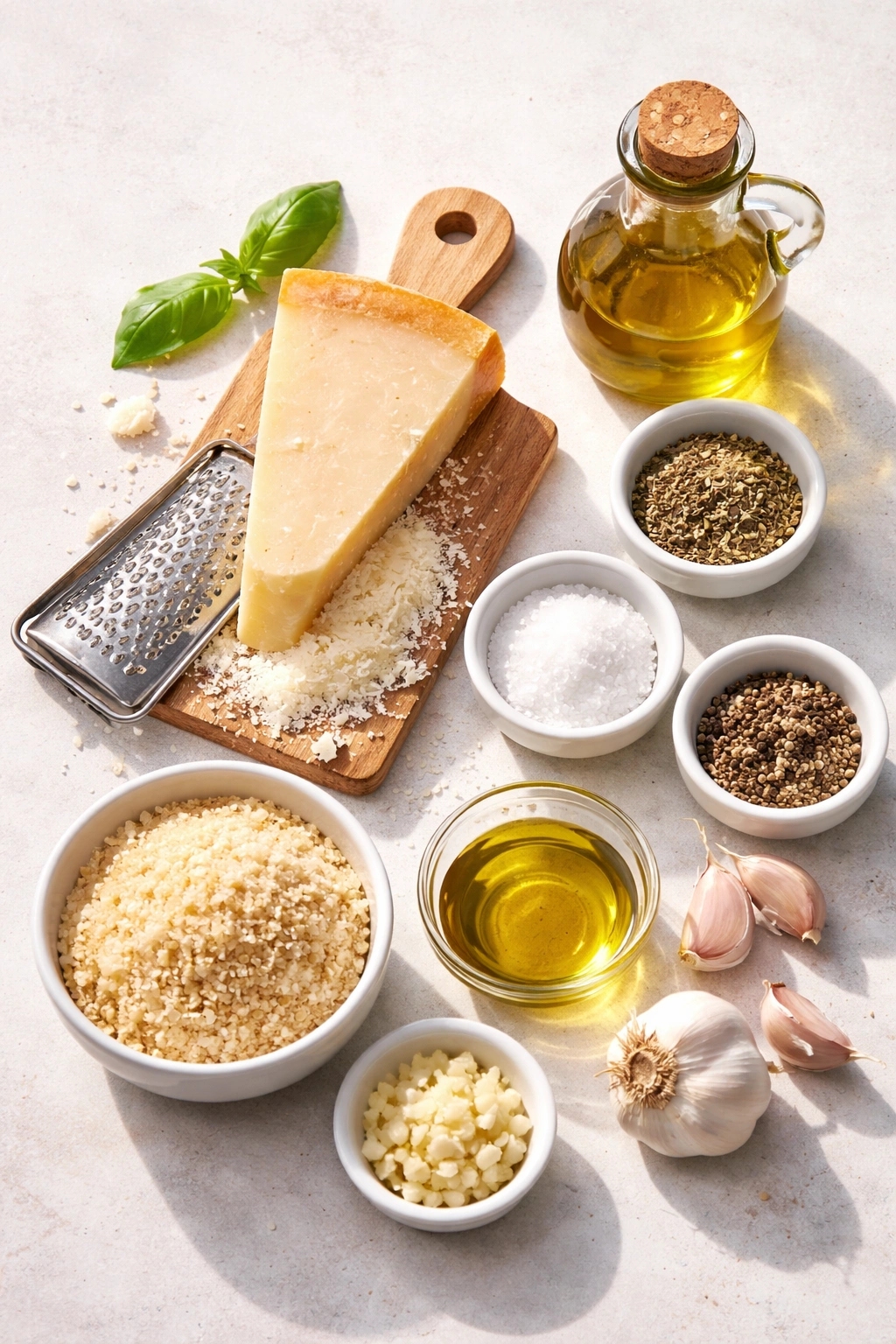 Parmesan cheese with garlic, olive oil, oregano, salt, and pepper arranged on a surface