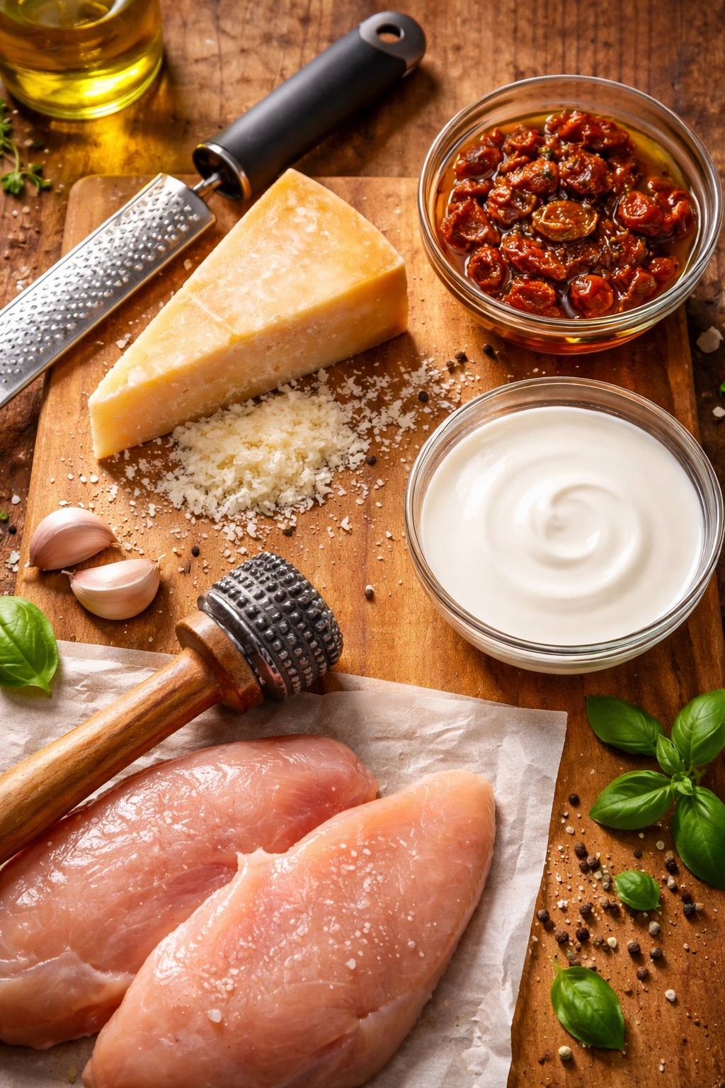 Parmesan wedge with grater, cream, and sun-dried tomatoes on a wooden board
