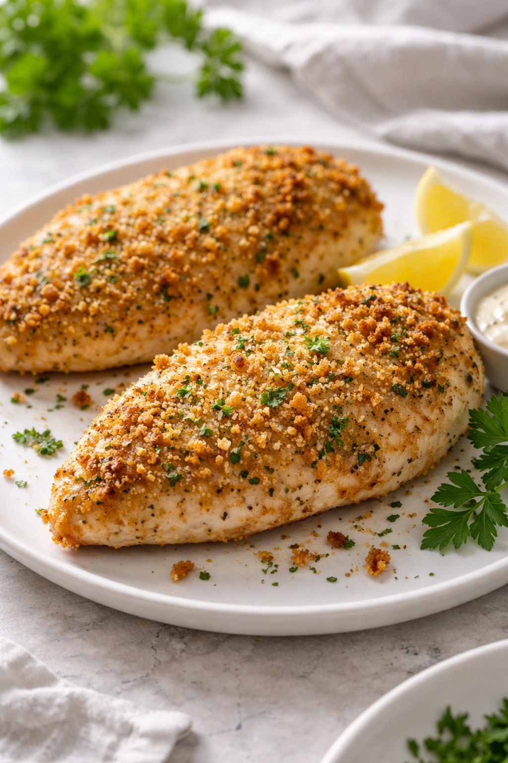 Parmesan crusted chicken with herb flecks on crust