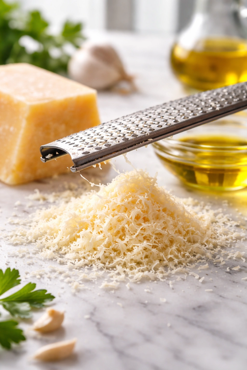 Fresh Parmesan grated with microplane for browning tips.