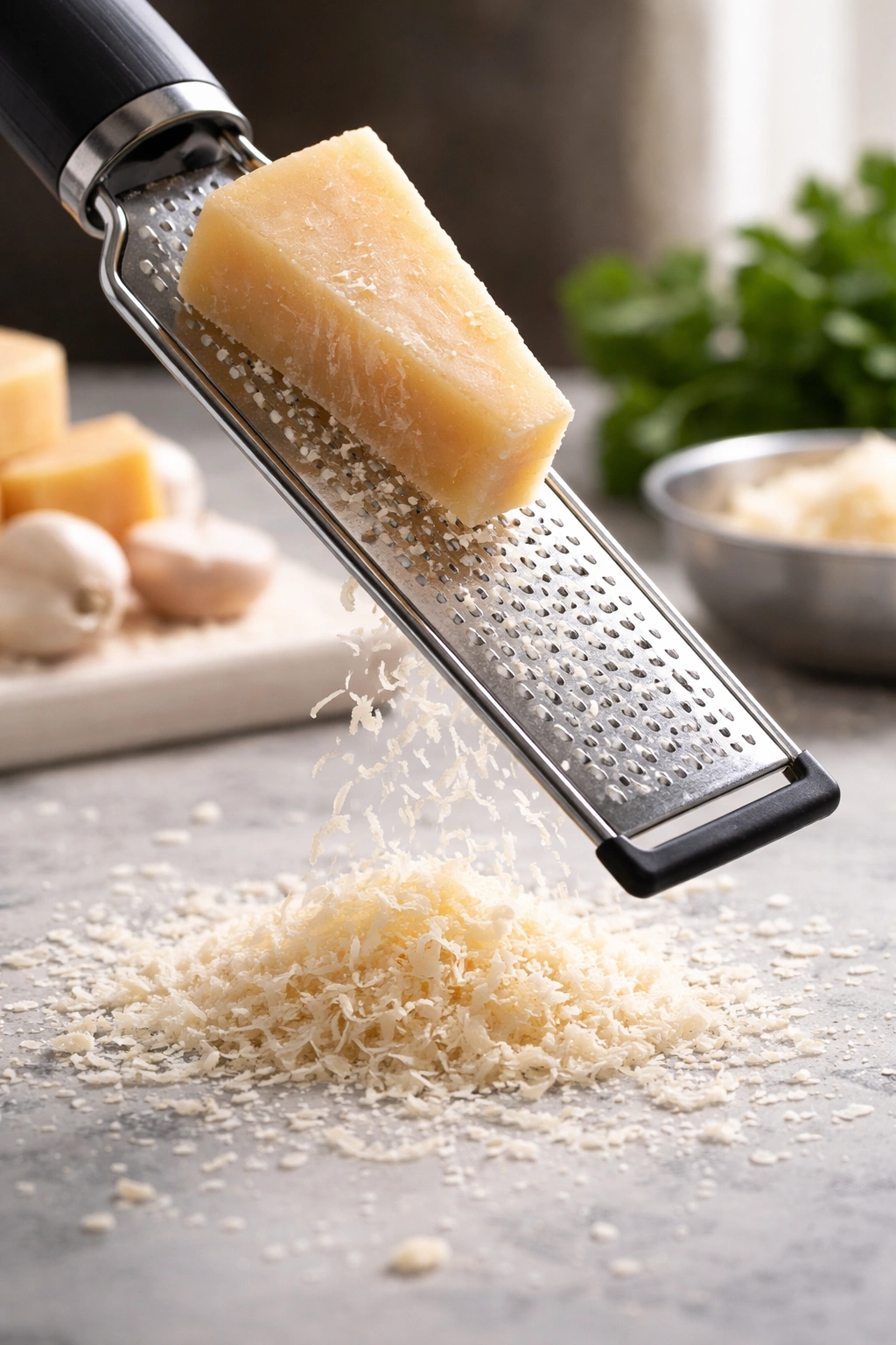 Macro shot of Microplane grater over Parmesan cheese creating fine shavings