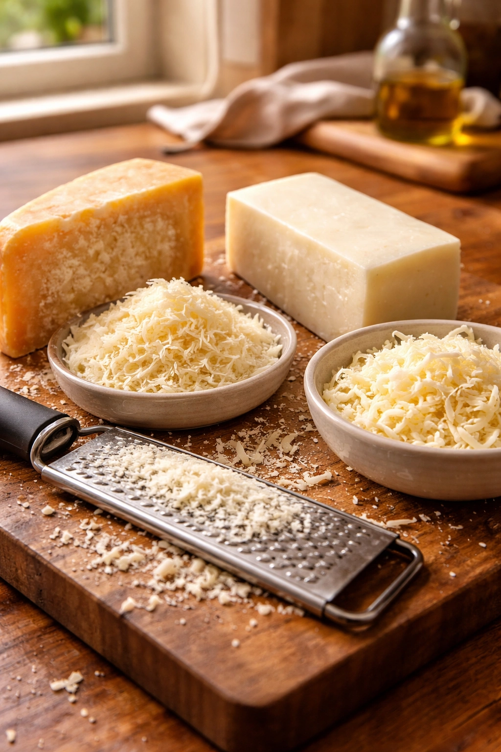 Freshly grated parmesan and mozzarella on a wooden surface for alfredo bake
