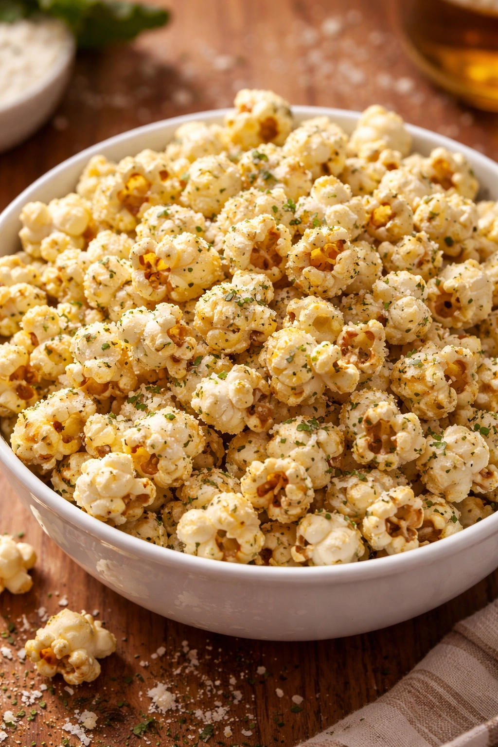 Close-up of parmesan-herb popcorn with melted butter in a white bowl on wood