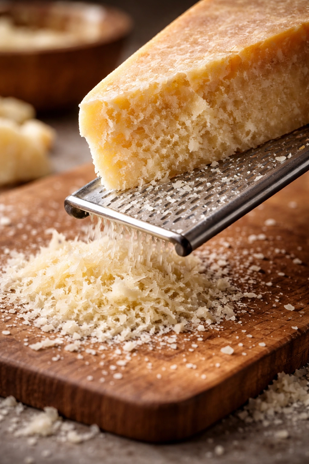 Macro view of Parmesan wedge ready to grate