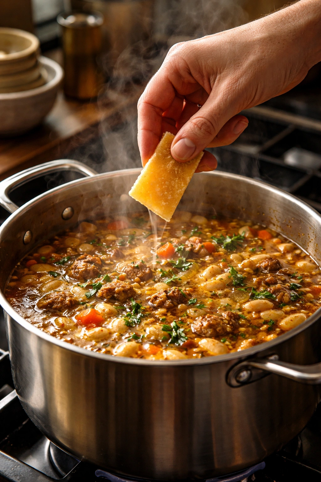 Parmesan rind added to simmering soup for richer broth; pro tip