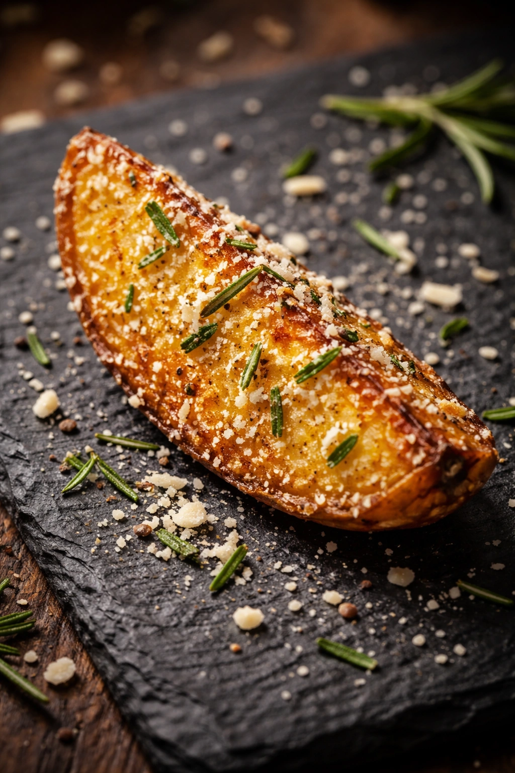 Parmesan and rosemary seasoned potato wedge on a dark plate
