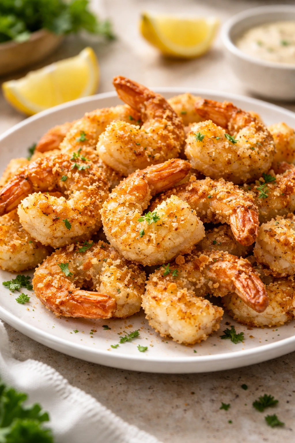 Parmesan-crusted shrimp on a white plate with a crispy golden crust