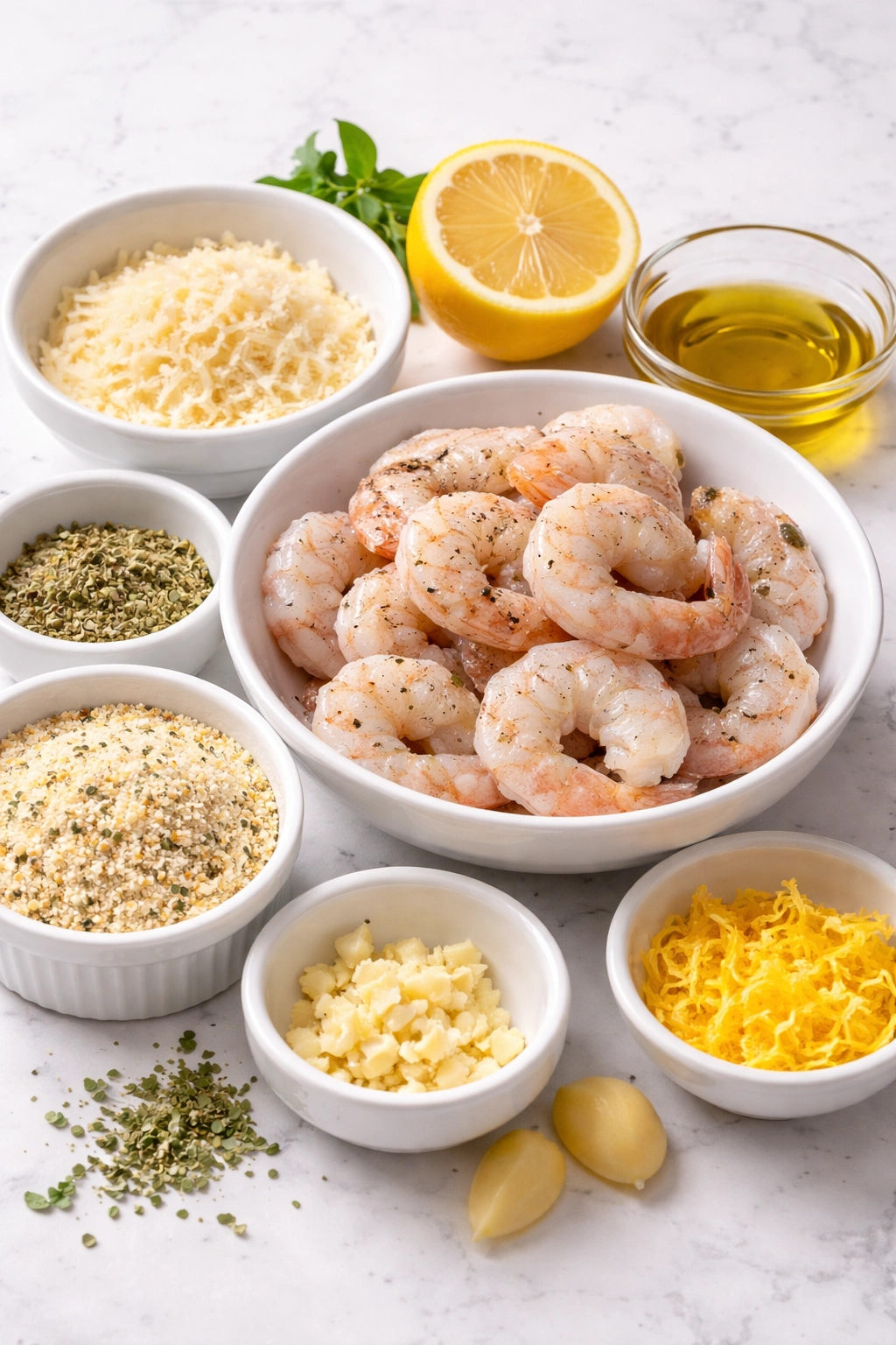 Crispy parmesan-coated shrimp plated on a neutral background