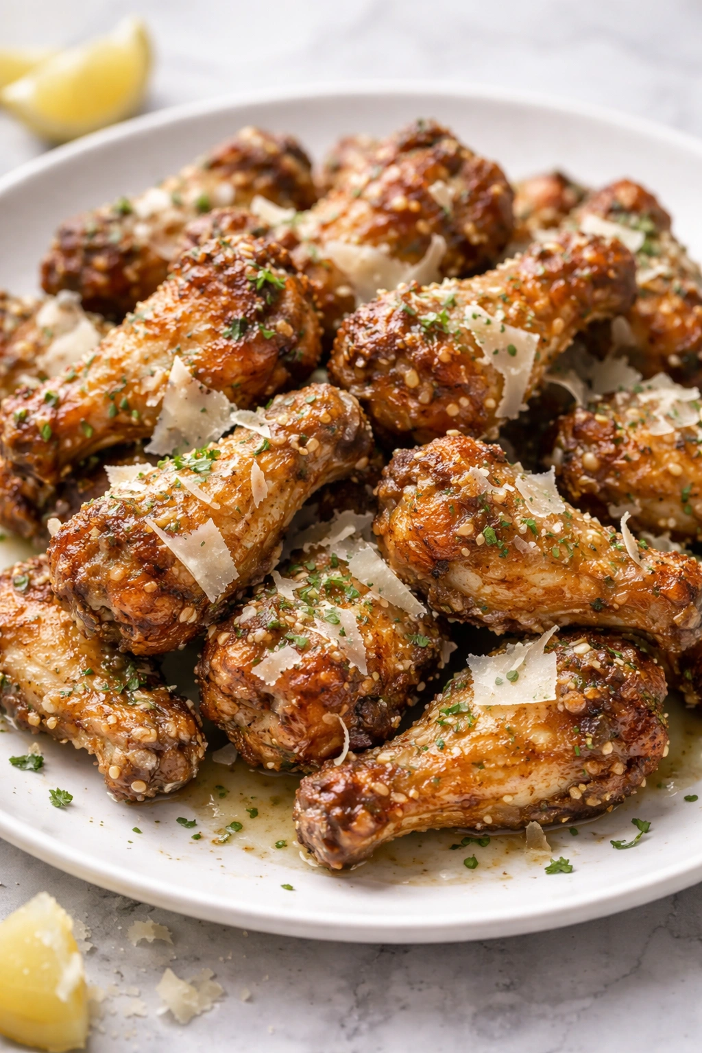 Crispy wings coated with parmesan and butter, on a white plate.