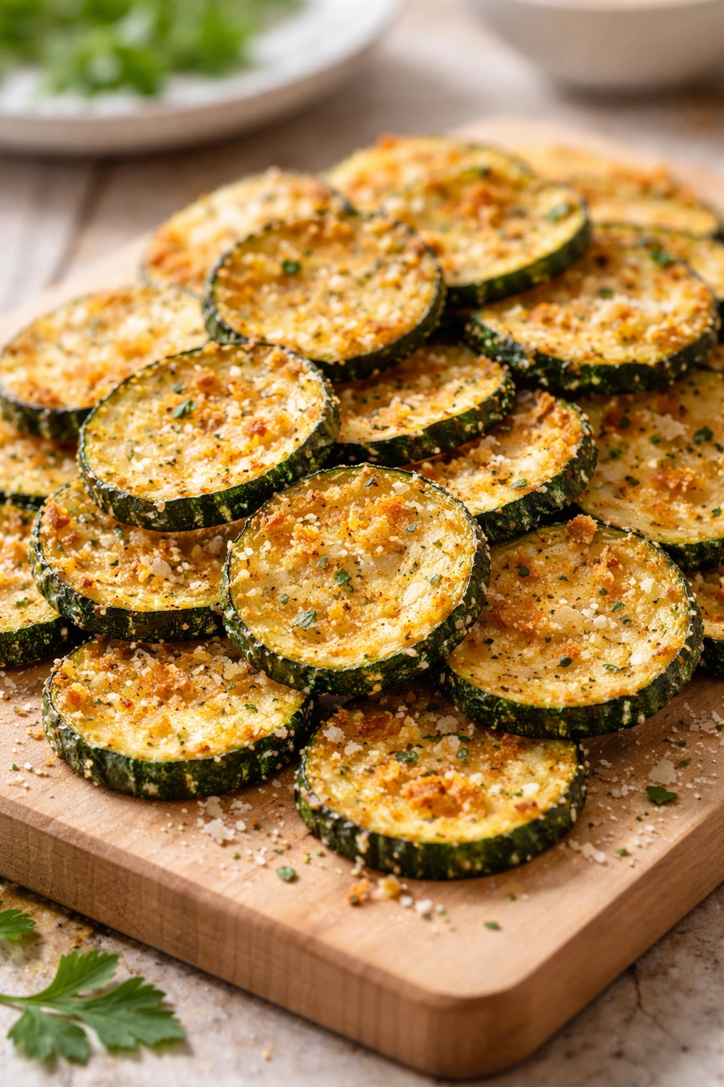 Close-up of Parmesan zucchini chips on a wooden surface showing crispy coating