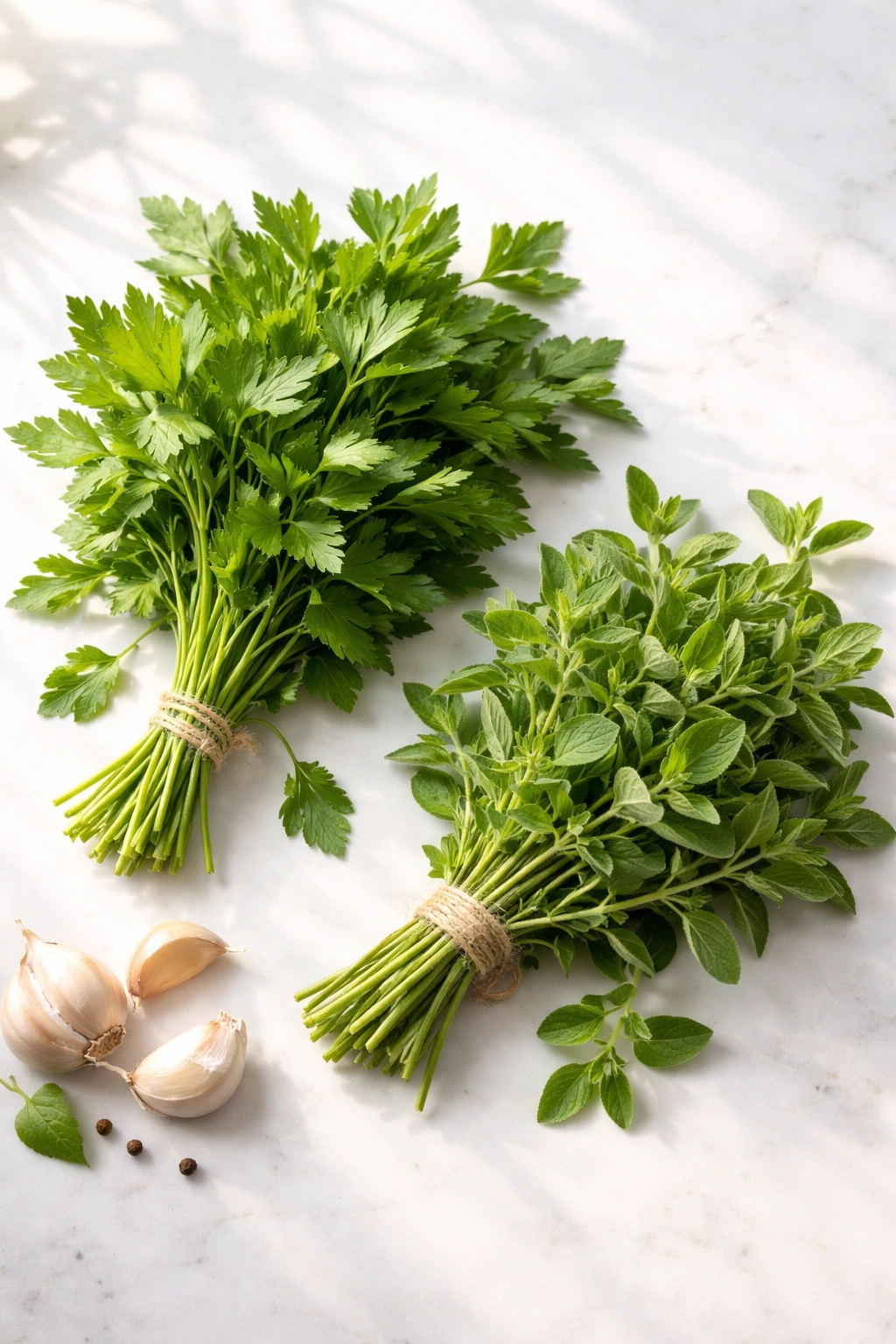 Fresh parsley and oregano bundles on a clean surface