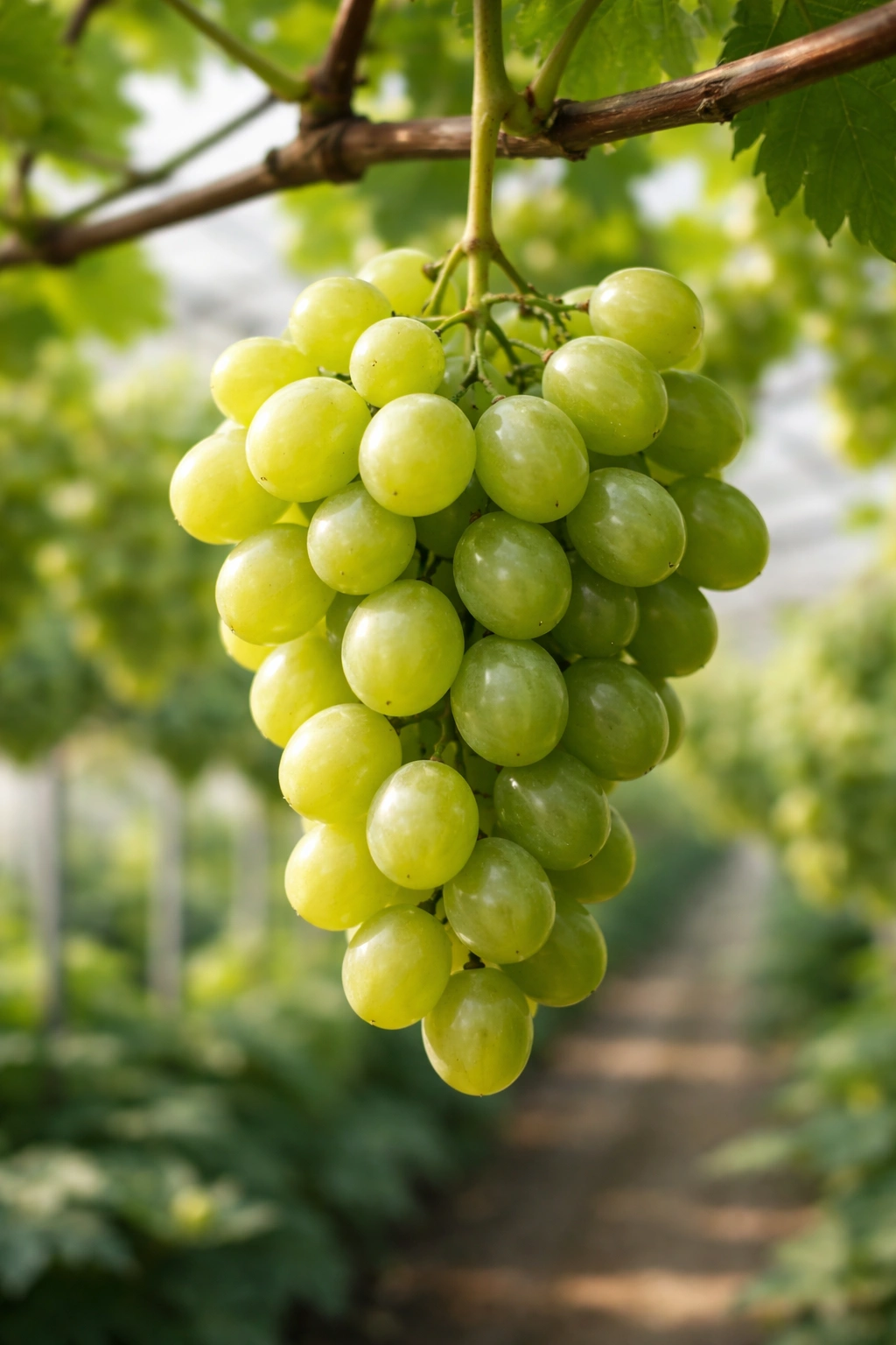 Seedless grape cluster on a vine in a greenhouse.