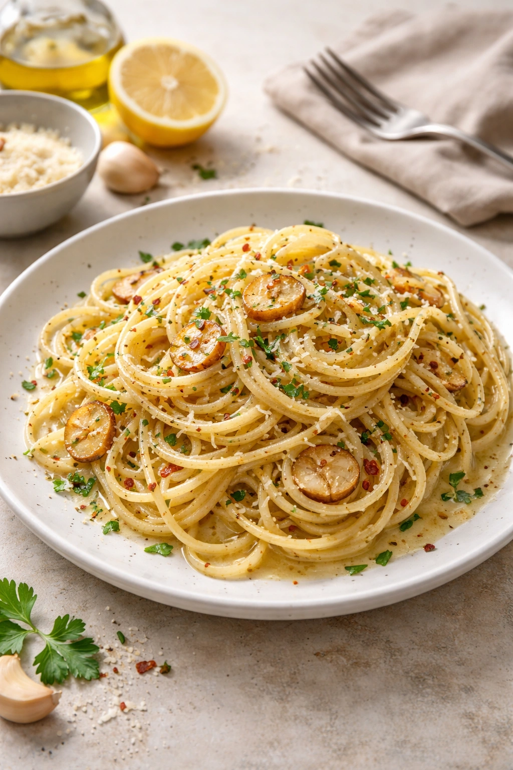 Glossy plate of aglio e olio style pasta in a simple setting