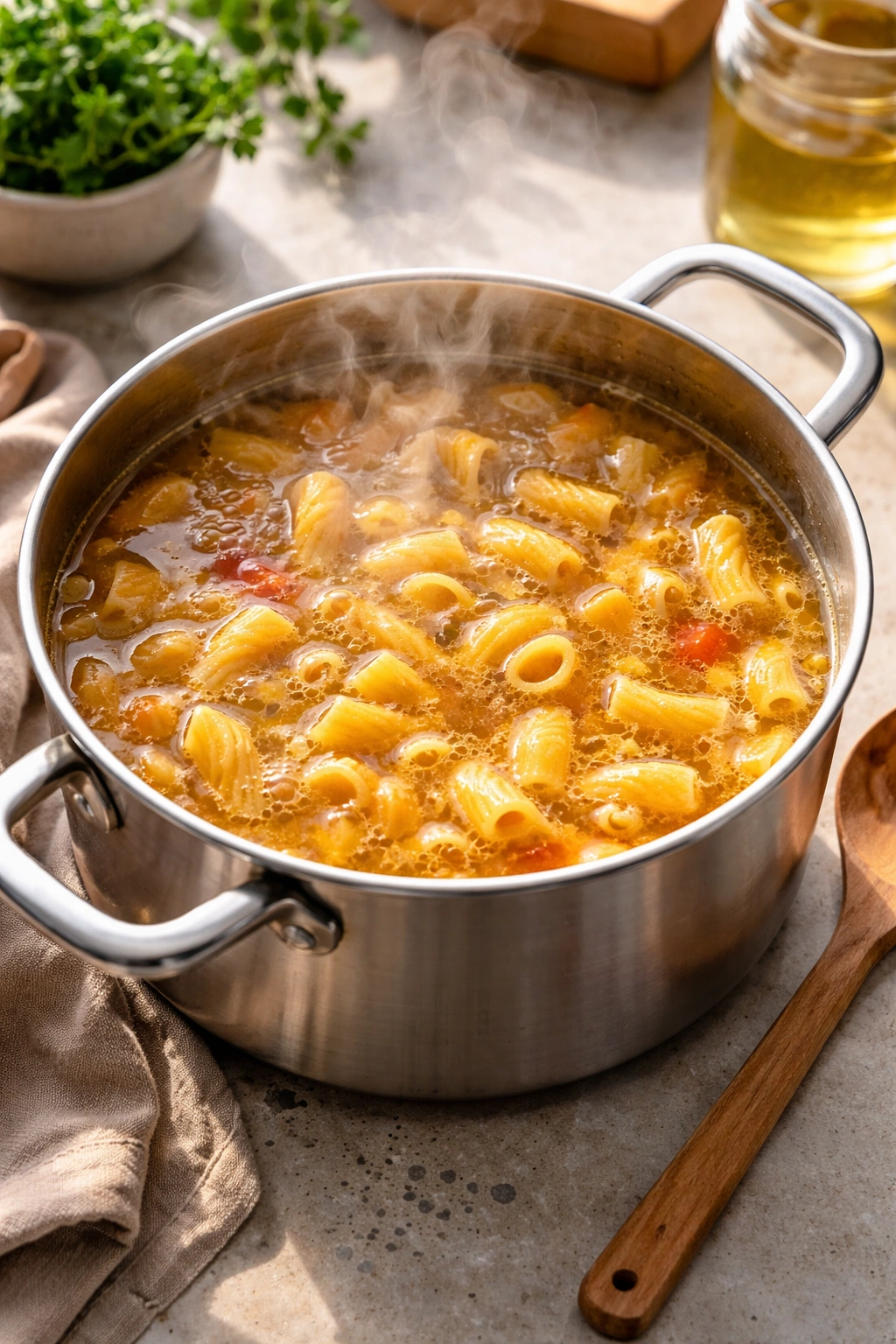 Pasta cooking to al dente in broth with steam rising