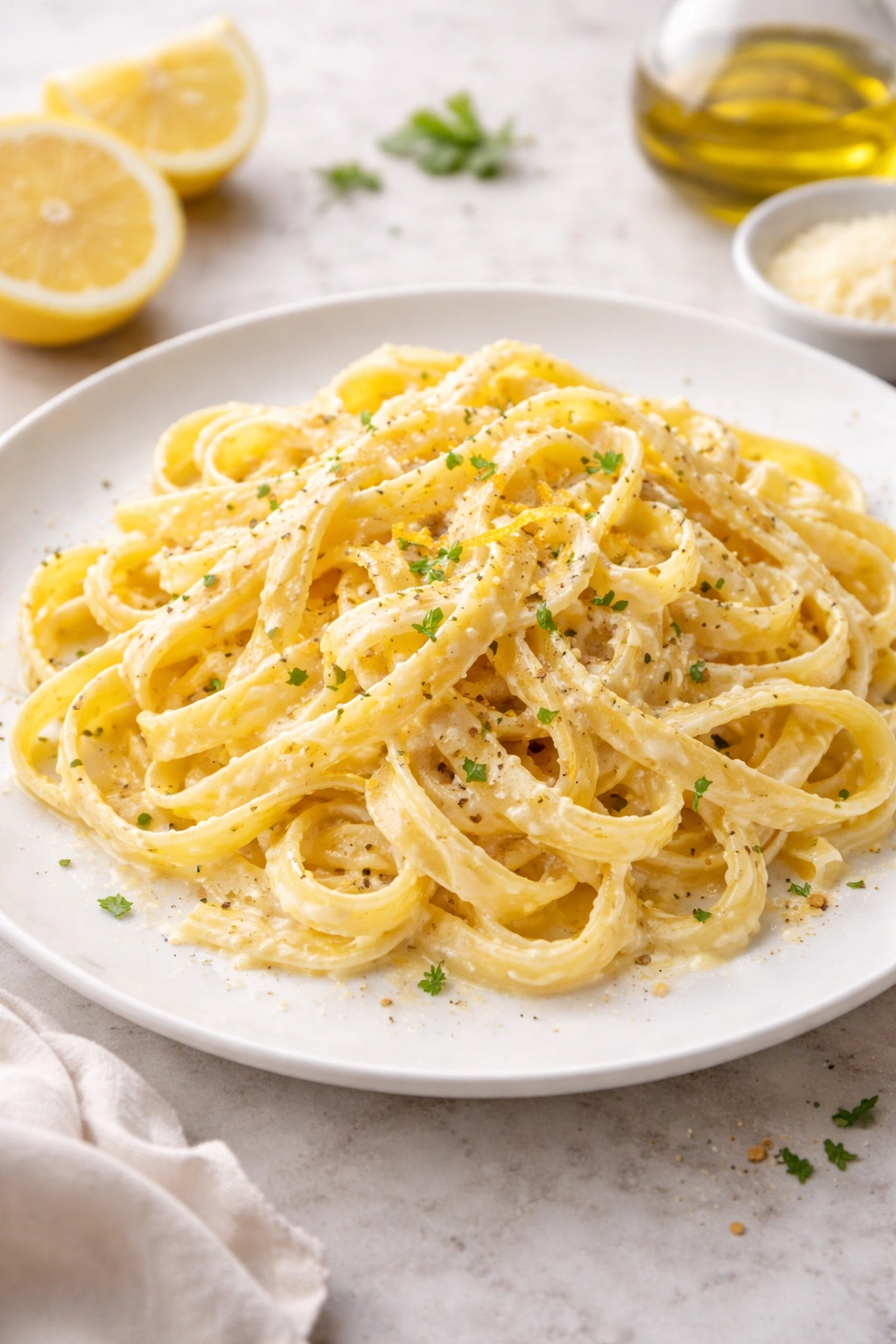 Close-up of Pasta al Limone in lemon cream with zest on plate