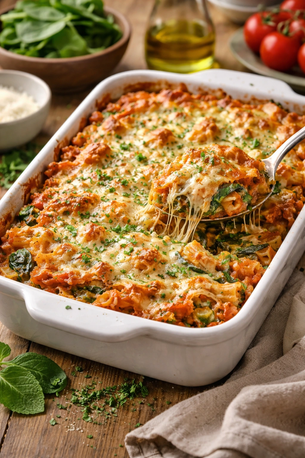No-boil pasta bake with vegetables integrated into sauce and cheese top