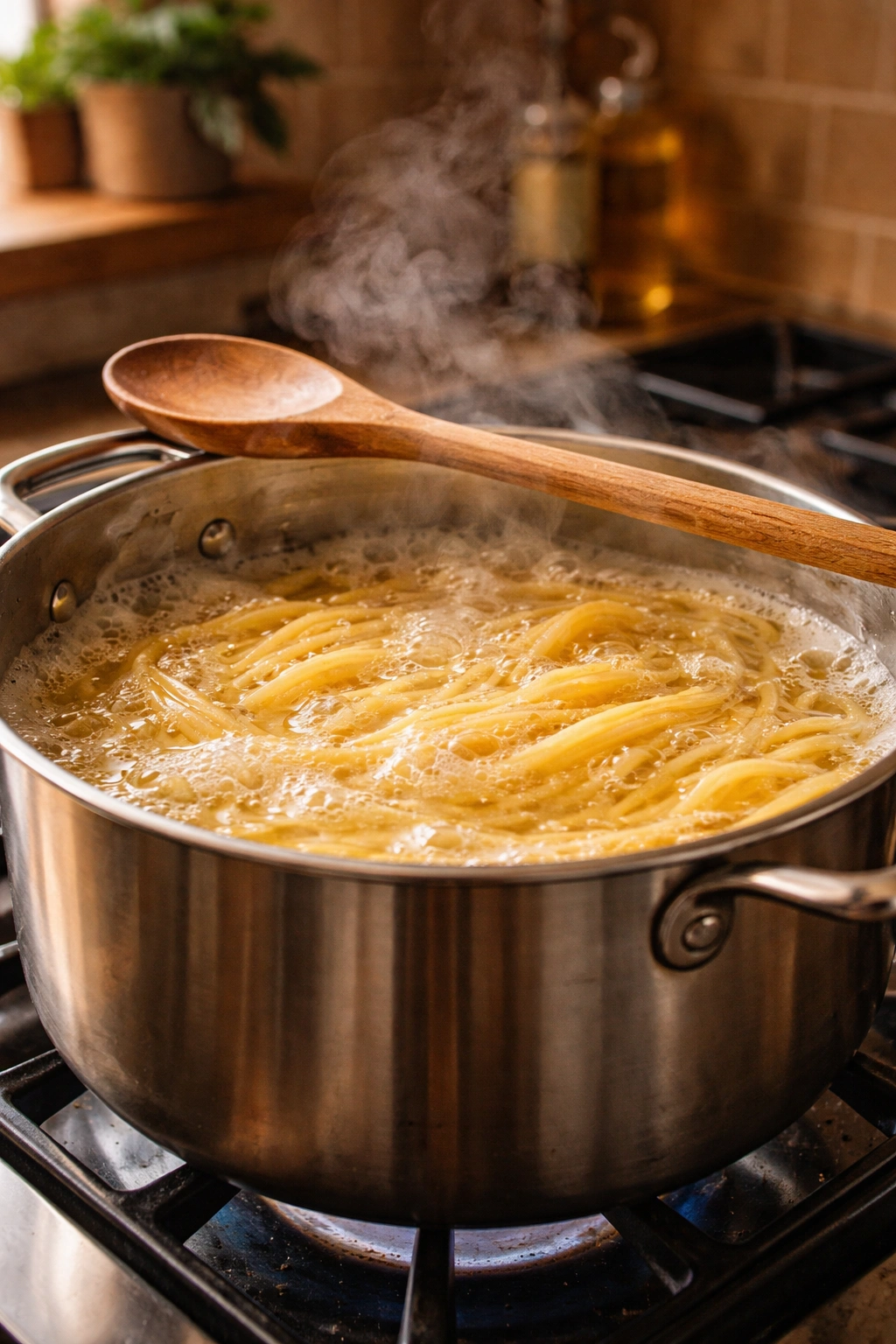 Pasta boiling in a pot with steam on a stove