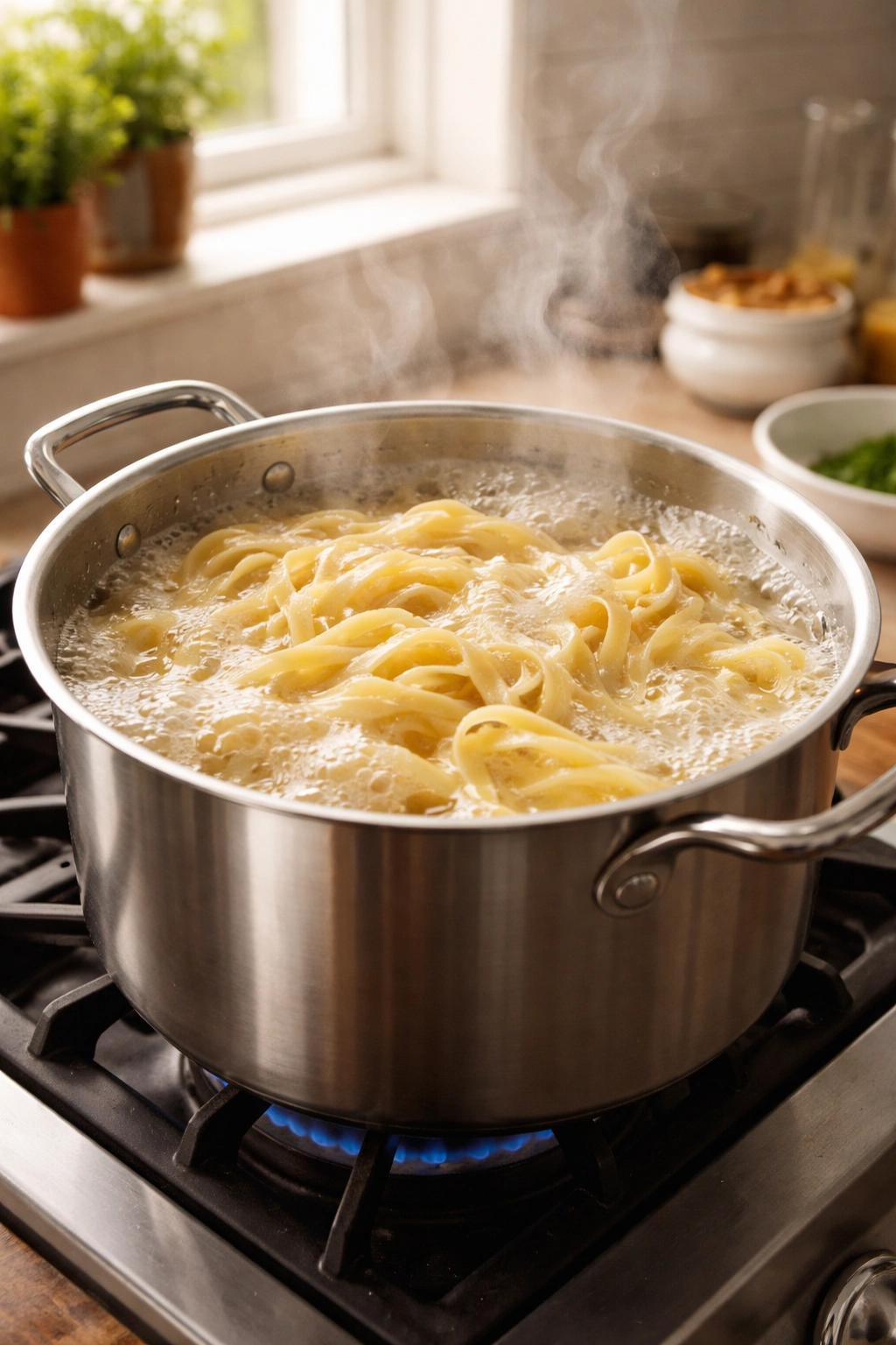 Pasta boiling in a large pot with steam rising in a bright kitchen